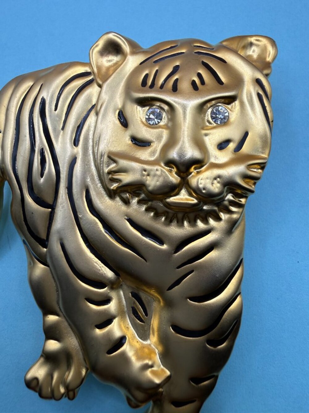 1980s Huge Vintage Gold Tiger Brooch Pin Pendant Rhinestone Eyes Animal Jewelry